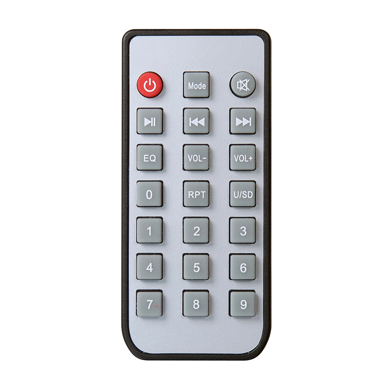 Fjärrkontroll med knappar för ljudstyrning och funktioner.