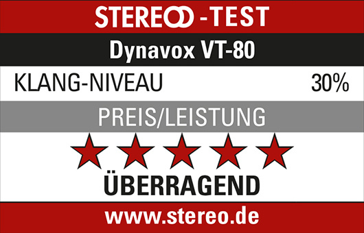 Testresultat för Dynavox VT-80: 30% klangnivå, 5 stjärnor på pris/prestanda.