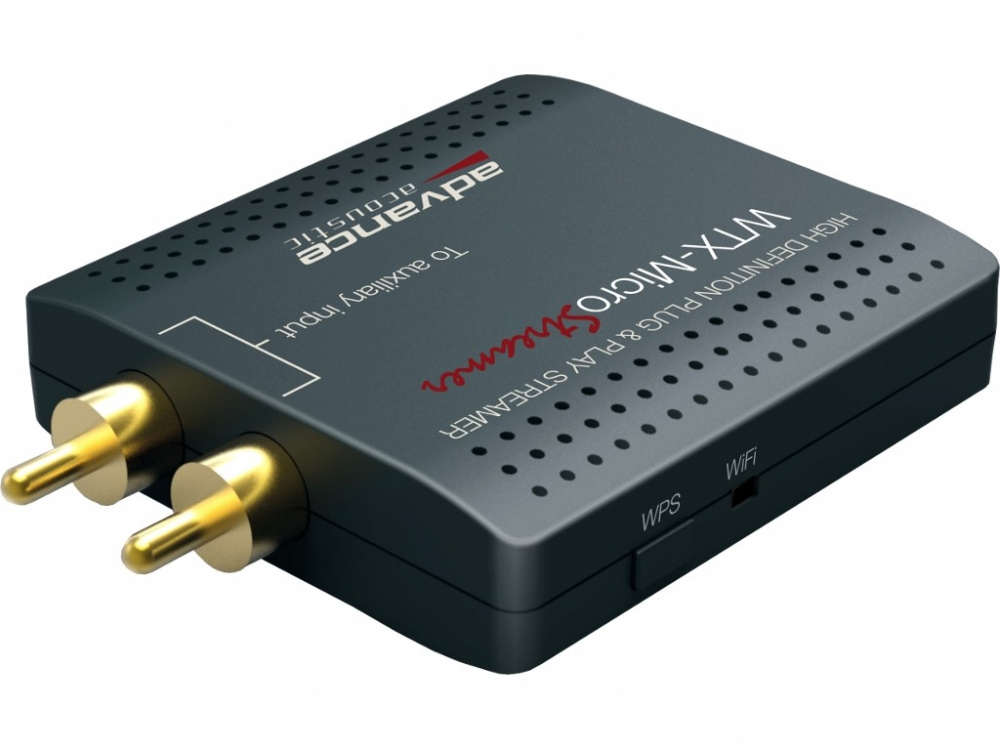 En kompakt trådlös ljudstreamer med RCA-utgångar och WiFi.