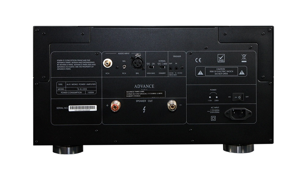 Bakpanelen av en förstärkare med anslutningar för ljud och ström.