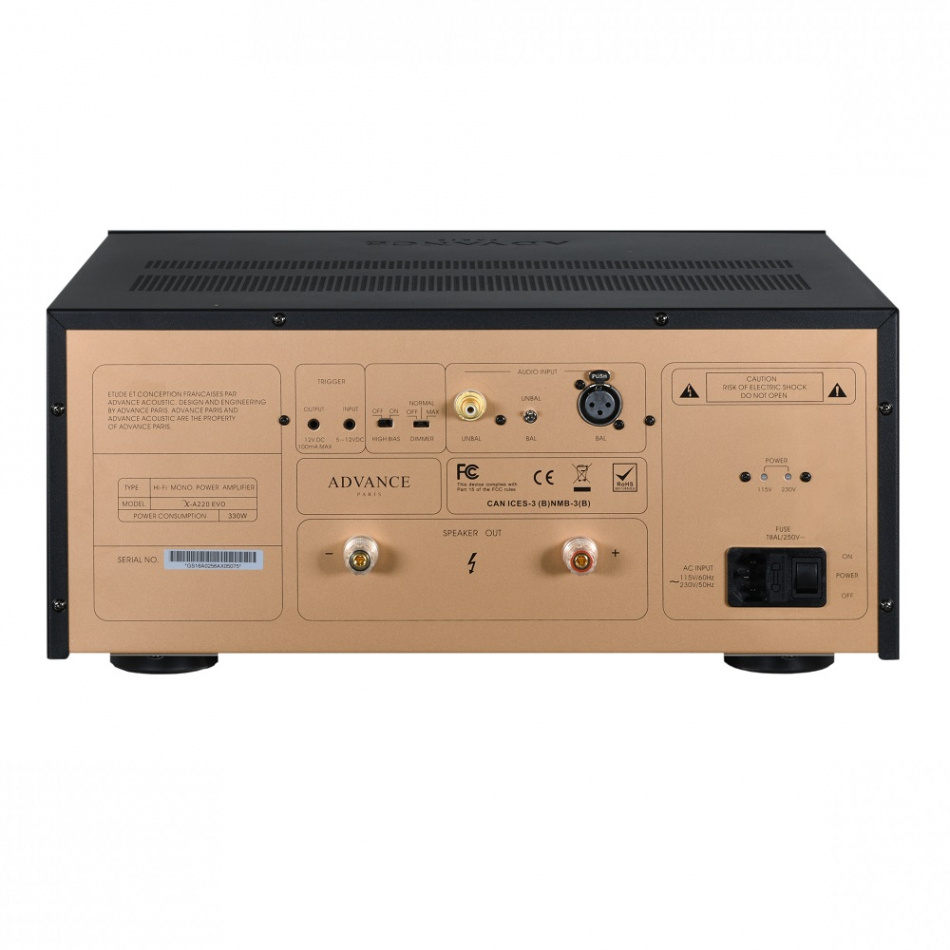 Bakpanelen av en förstärkare med anslutningar för högtalare och ström.