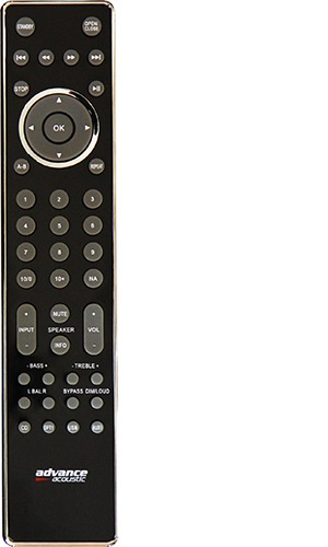 Fjärrkontroll för Advance Acoustic X-CD5 med många knappar för styrning.