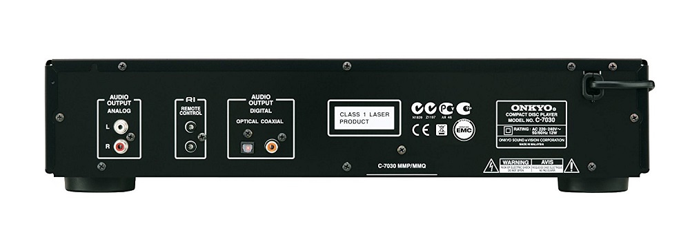 En svart CD-spelare med olika anslutningar på baksidan.