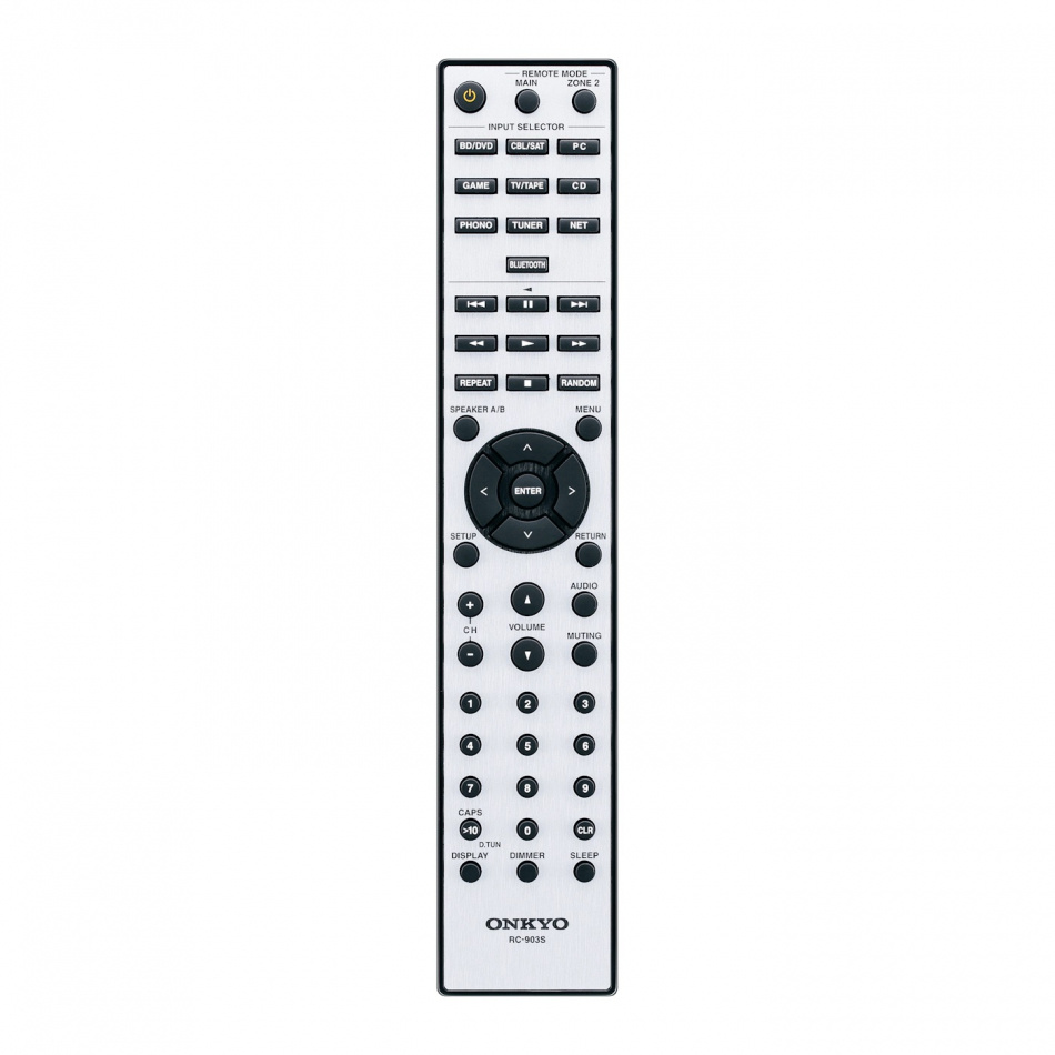 Fjärrkontroll med knappar för volym, källval och funktioner till Onkyo TX-8470.