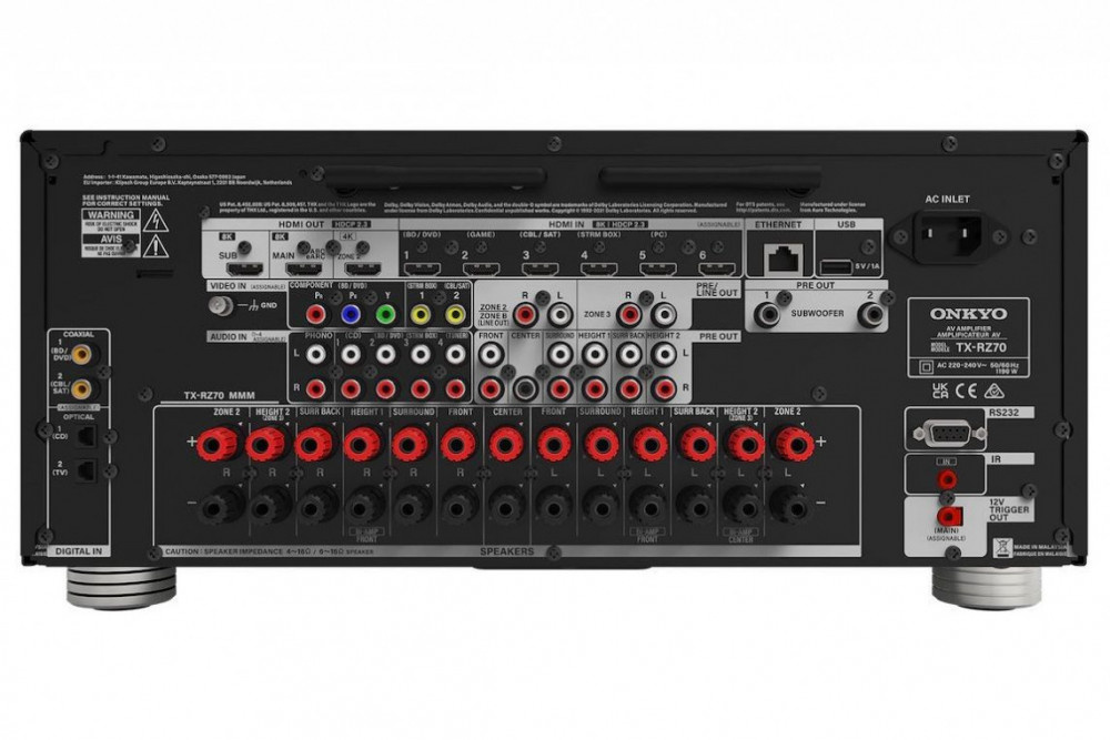 Baksidan av Onkyo TX-RZ70 med anslutningar för ljud och video.