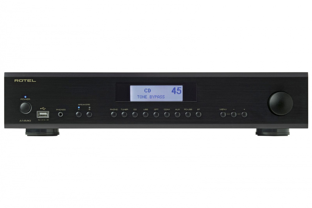 Stereoförstärkare med DAC, RIAA-steg och MQA-stöd, svart frontpanel.