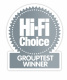 Rotel RB1582 mkII, slutsteg för stereobruk, svart Hi-Fi Choice Group Test Winner-märke, silver och vitt, utmärkelse för ljudprodukter.