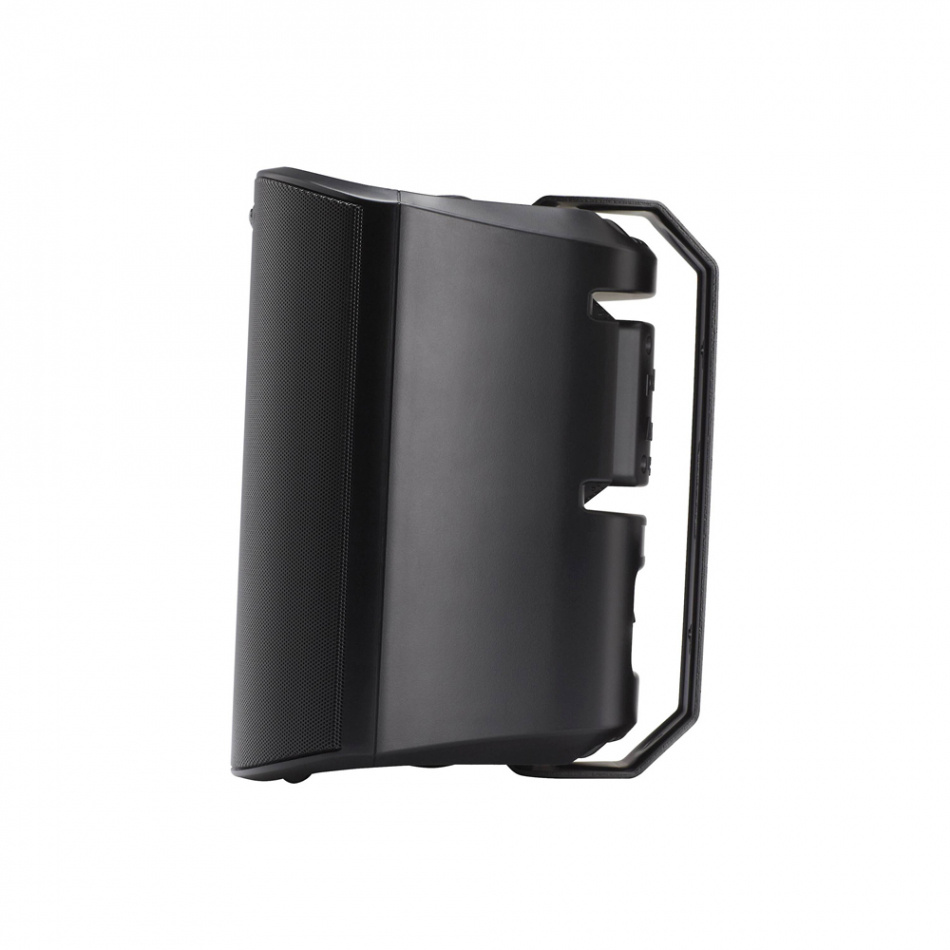 Svart utomhushögtalare med robust design och bärhandtag.