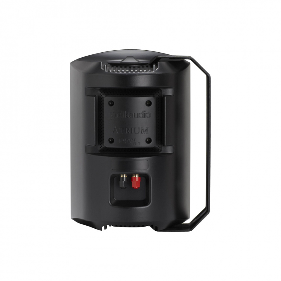 Svart utomhushögtalare med robust design och infästningsmöjlighet.