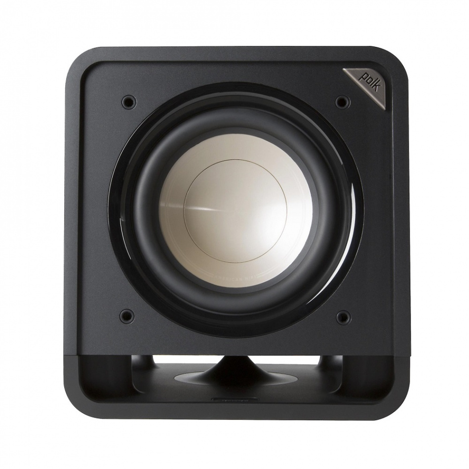 Aktiv subwoofer med en rund basenhet, svart design.