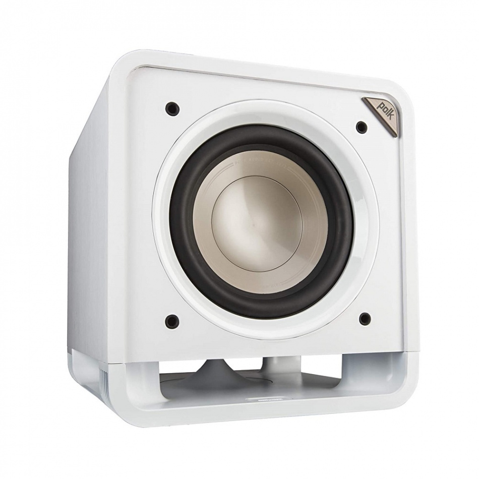 Aktiv subwoofer i vit färg med rund basport och elegant design.