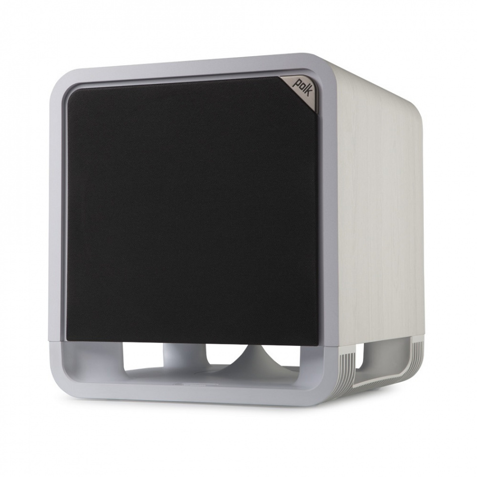 Aktiv subwoofer i vit finish med svart front. Modell: Polk Audio HTS10.