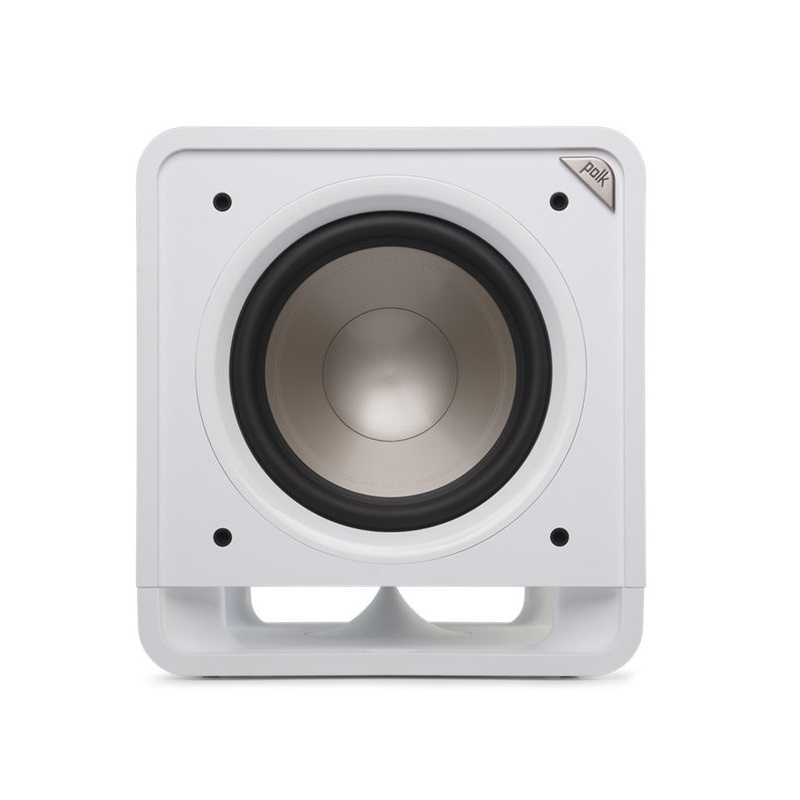 Aktiv subwoofer i vit färg med rund membran och modern design.