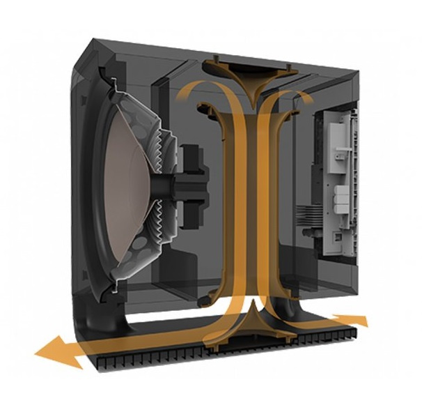 Aktiv subwoofer i vit färg med inre design för ljudutveckling.