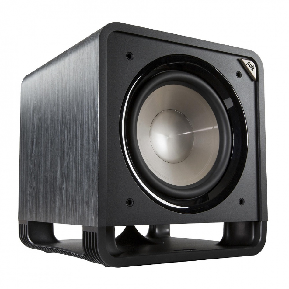 Aktiv subwoofer i svart, modern design med stor basenhet.