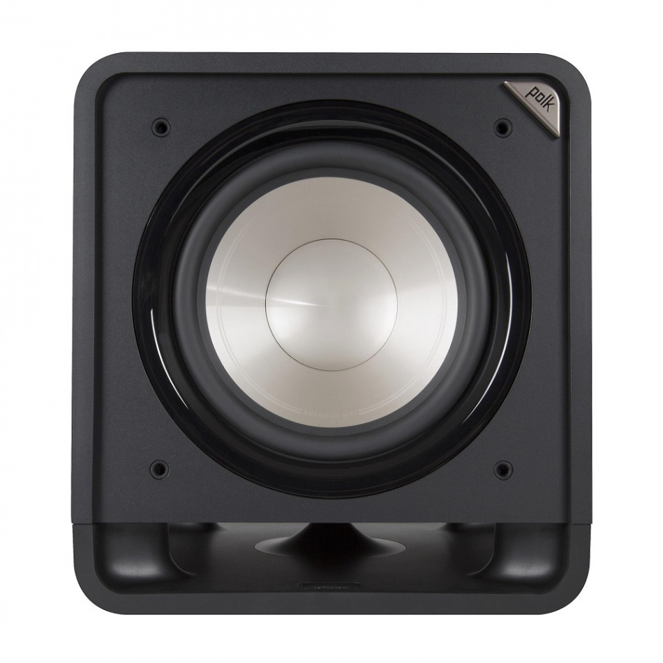 Aktiv subwoofer med rund basenhet, svart och stilren design.