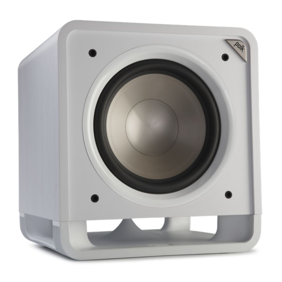 Aktiv subwoofer i vit färg med en rund bashögtalare.