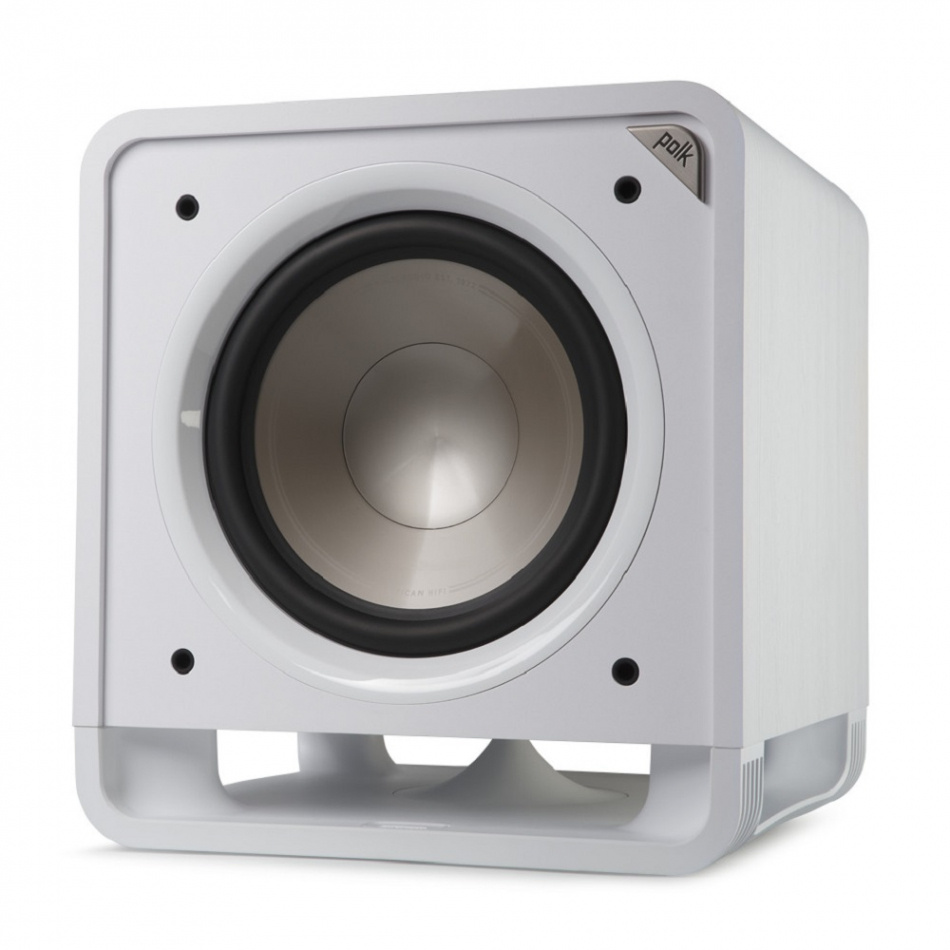 Aktiv subwoofer i vitt med rund enhet för djup basåtergivning.