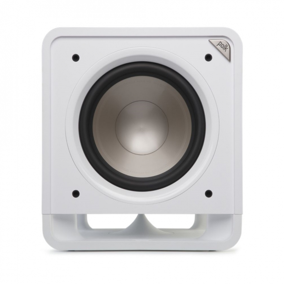 En vit aktiv subwoofer med rund högtalare fram.