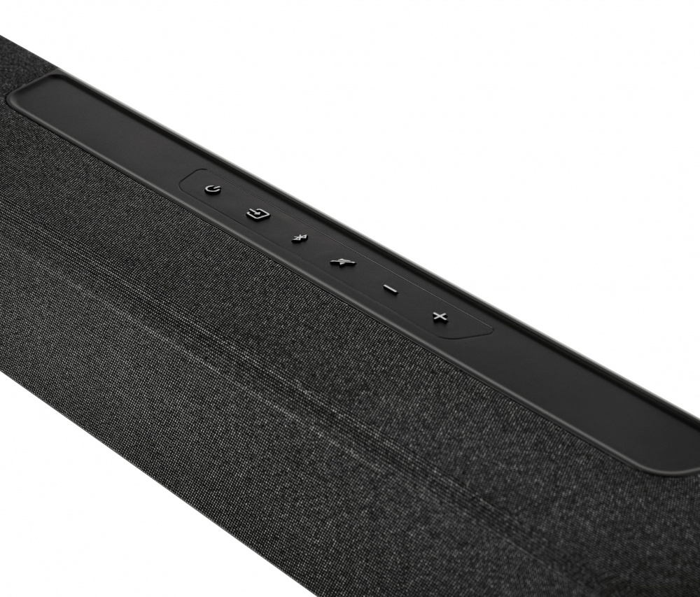 Kontrollpanel med knappar för ljud och funktioner på en högtalare.