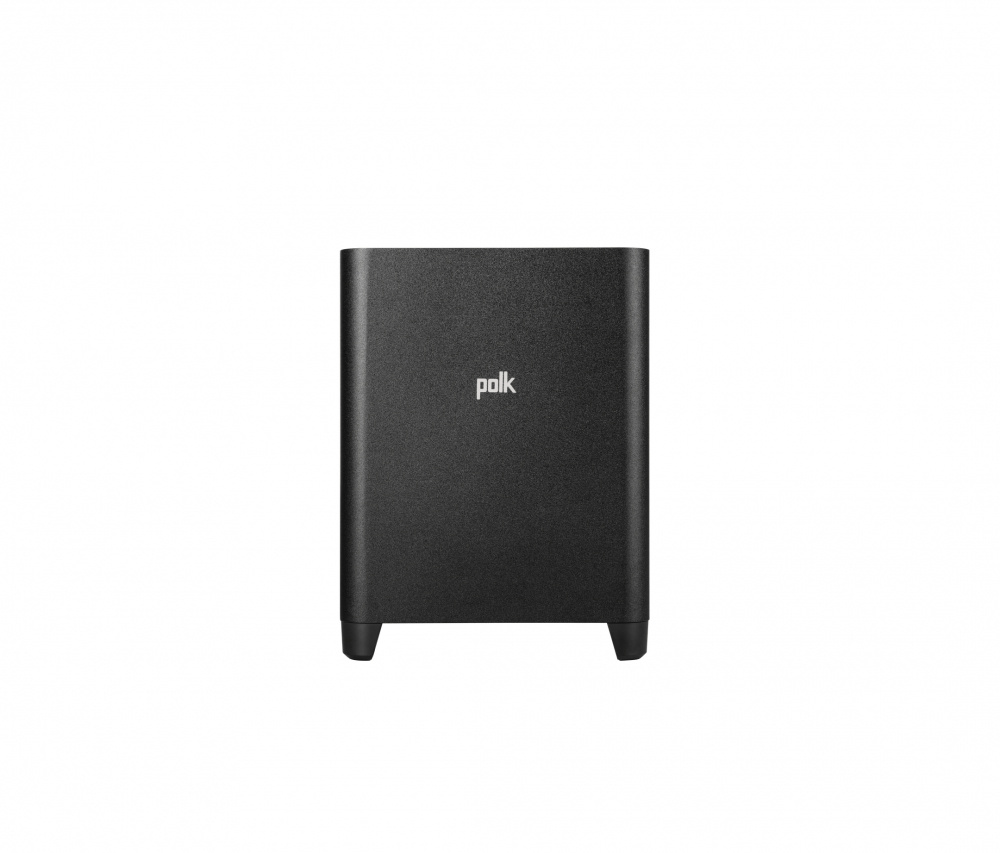 En svart subwooferenhet med Polk-logotyp, designad för hemmabio.