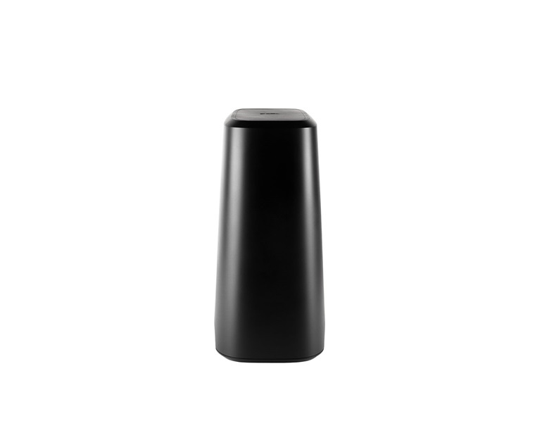 Kompakt svart subwoofer med enkel, modern design.