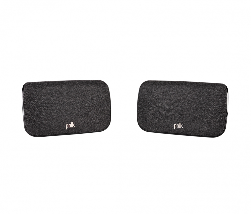 Trådlösa surroundhögtalare med svart tygöverdrag och Polk-logotyp.