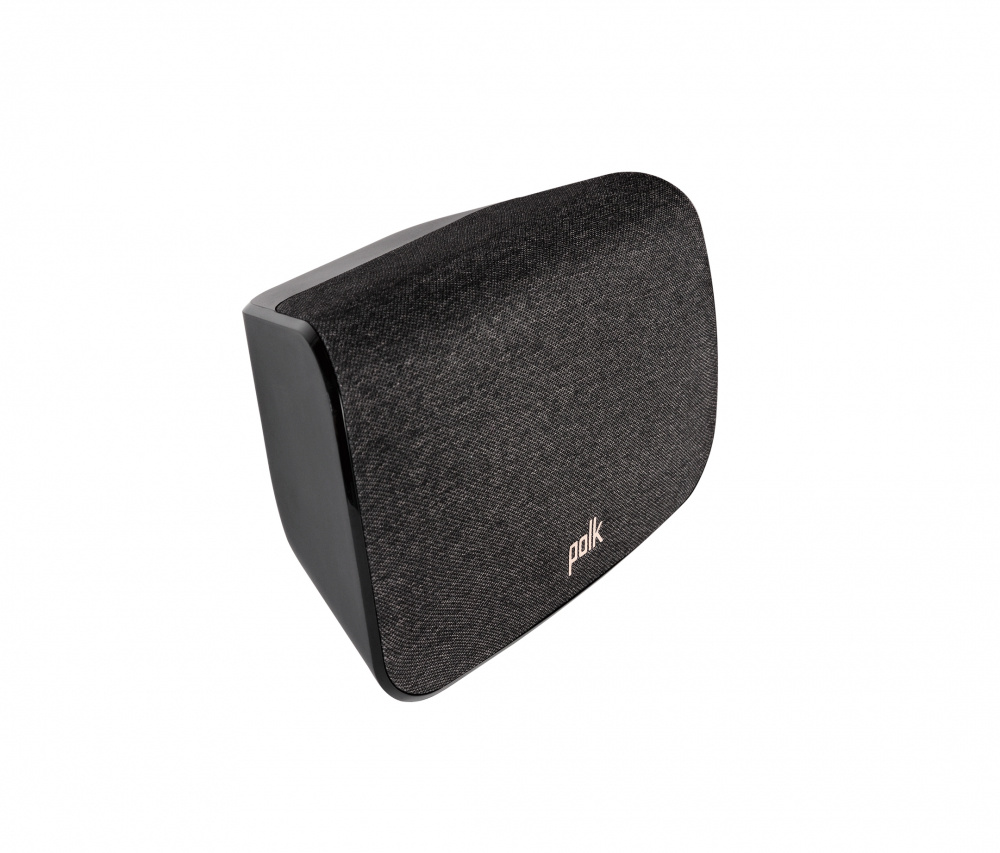 Trådlös surroundhögtalare med svart tyg och modern design.