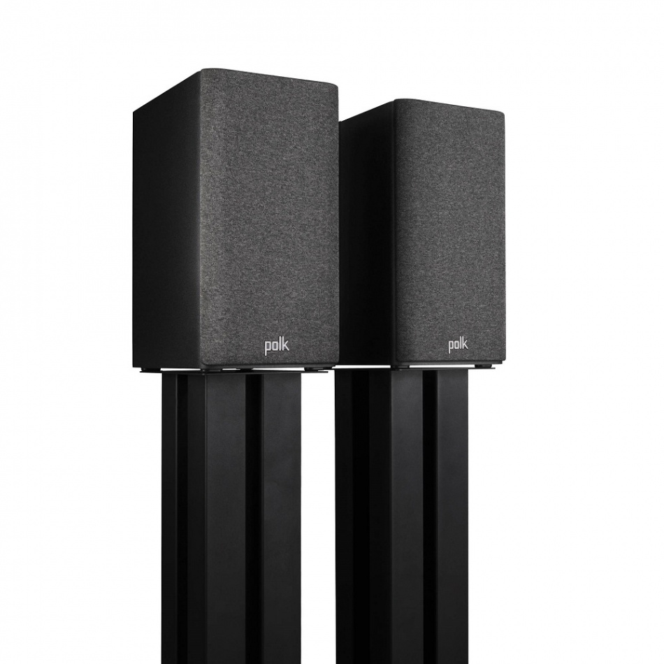 Stativhögtalare i svart med textilfront, designad av Polk Audio.