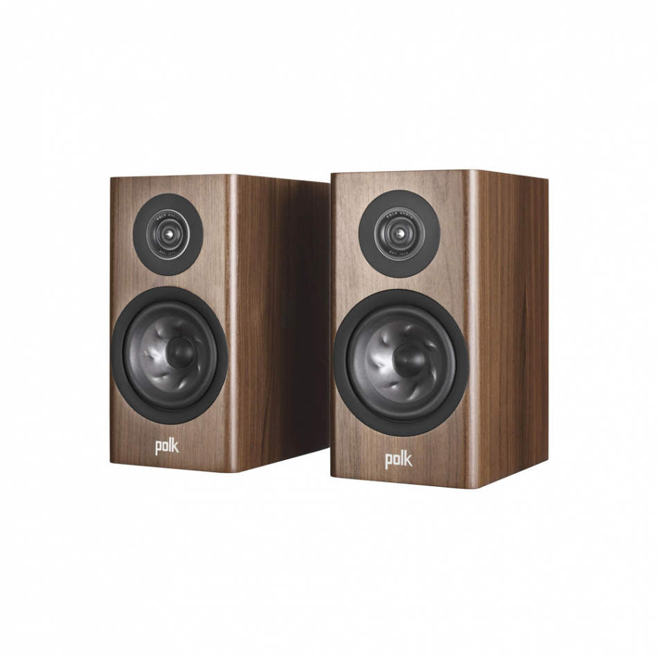 Par av stativhögtalare i valnöt med modern design och rundade kanter.