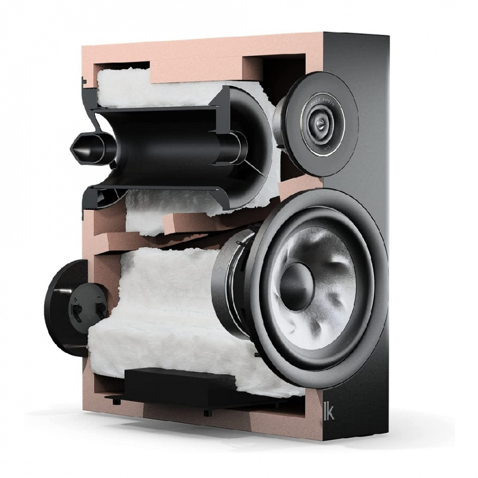 Visar en tvärsnitt av en Polk Audio Reserve 100 stativhögtalare.