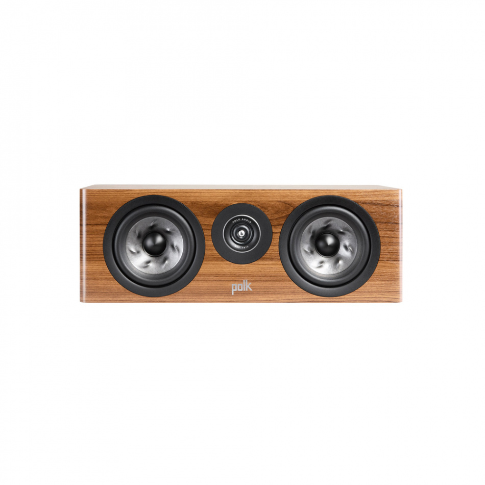 Centerhögtalare med två basshögtalare och en diskant, finish i valnöt.