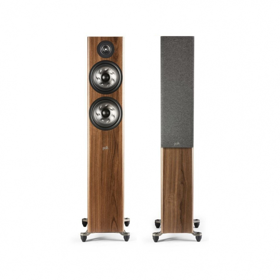 Golvhögtalare av valnöt med två högtalarelement och avtagbar grill.