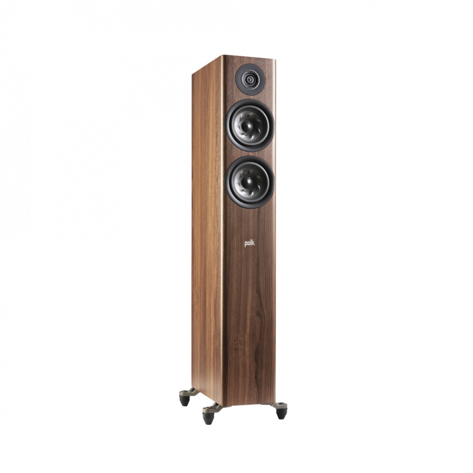 Golvhögtalare i valnöt med två högtalarelement och en diskant. Elegant design.