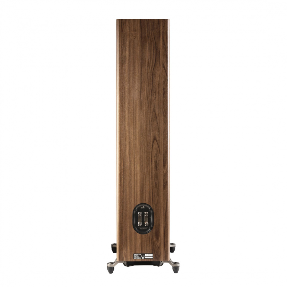 Golvhögtalare i valnötsträ med stilren design och stabilt stativ.
