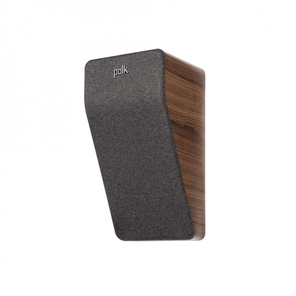 Dolby Atmos-högtalare med valnötsfinish och textilframsida.