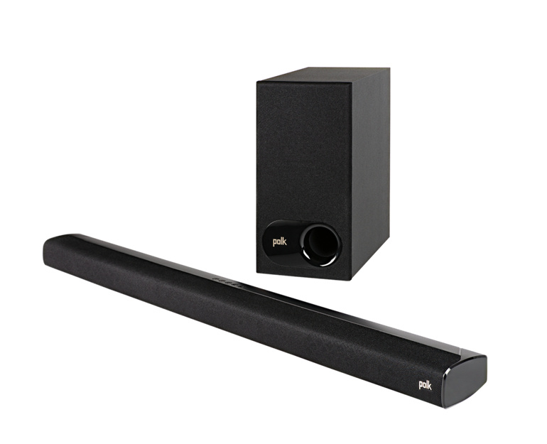 Soundbar med trådlös subwoofer, svart design.