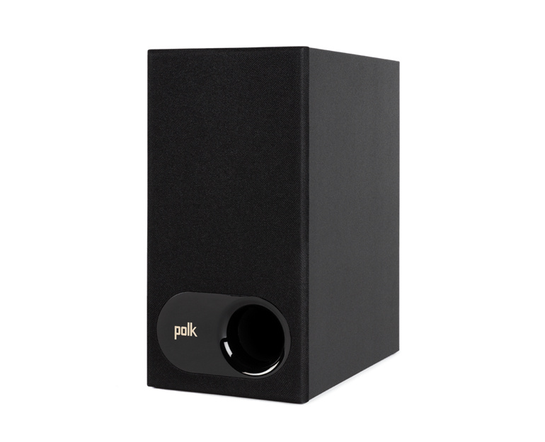 Svart subwoofer med rund öppning, del av Polk Audio Signa S2 soundbar-system.