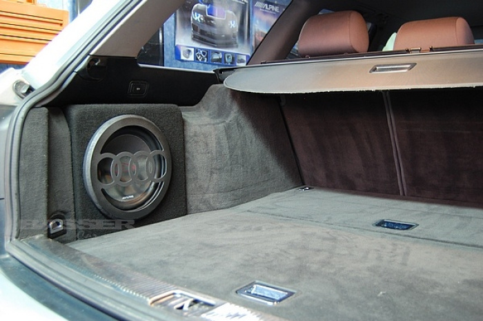 Tom baslåda i bagageutrymmet av Audi A6 Avant, plats för subwoofer.