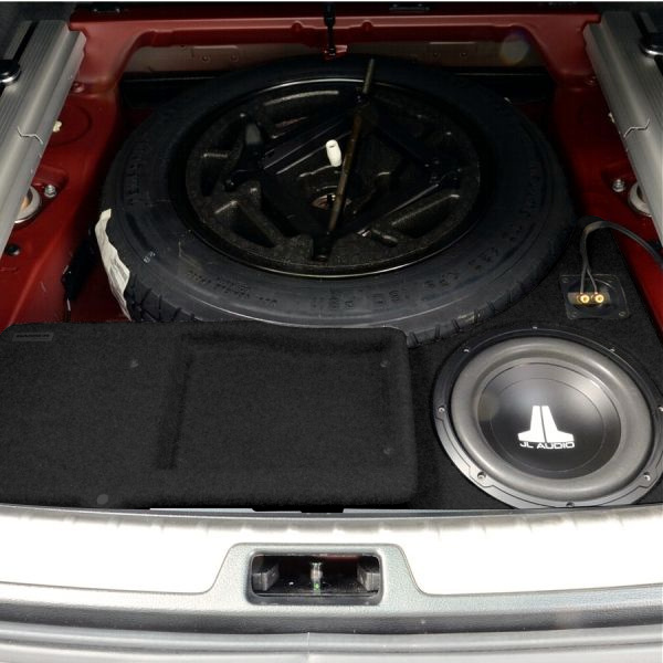 Tom baslåda med en subwoofer och reservdäck i bagageutrymmet av en BMW X6.