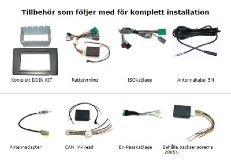 Installationskit med komponenter för Volvo XC90:s ljud- och navigationssystem.