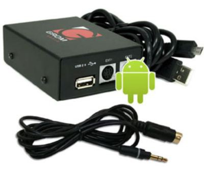 Adapter med kablar för anslutning till Volvo 01-06, inklusive USB och ljudutgång.