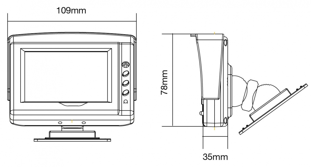 En teknisk ritning av en 3.5 tum monitor med mått.