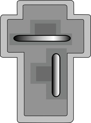 En stiliserad korsform med en metallisk yta.