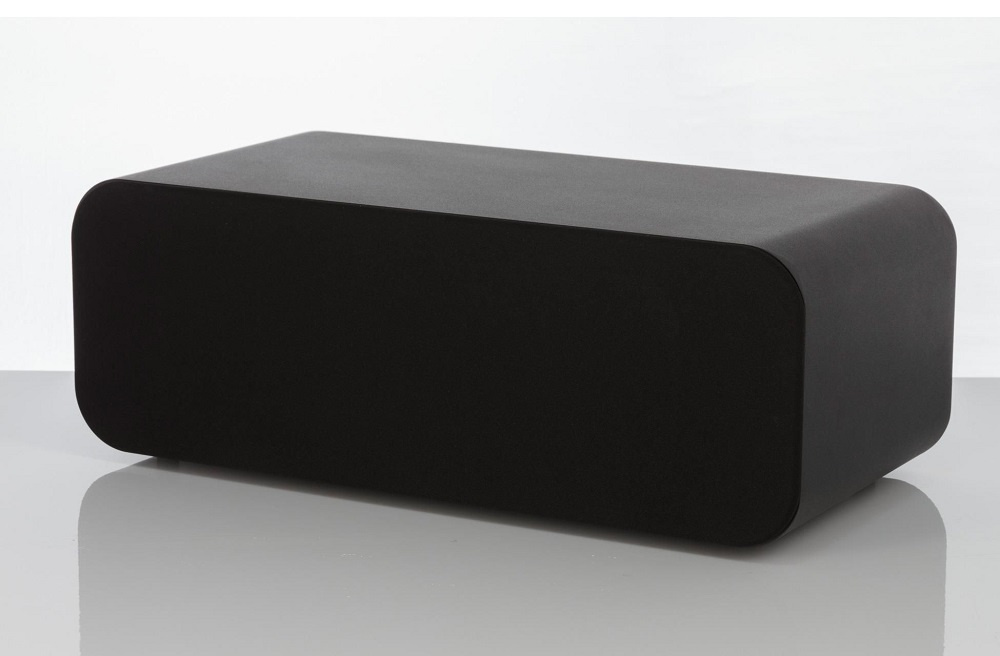 En svart centrumhögtalare med avsmalnande kanter.