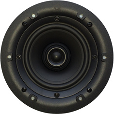 Rund installationshögtalare med svart grill och centralt ljudelement.