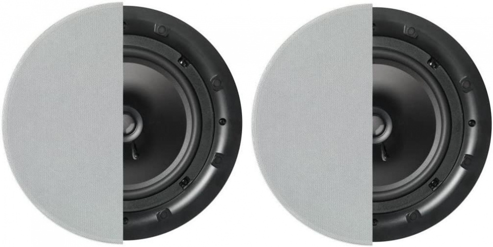 Två 8-tums inbyggnadshögtalare med svart bas och grå front.