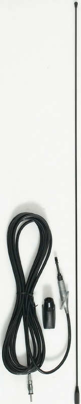 En lång antenn med kabel och fäste för installation.