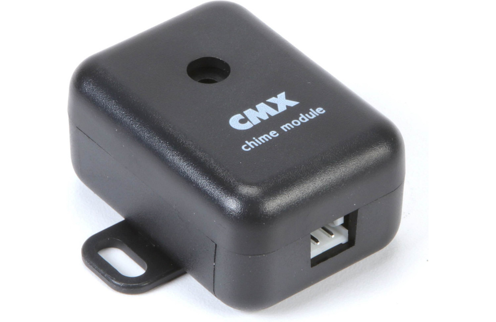 En liten svart låda med en kontakt och chime-modulens logotyp.