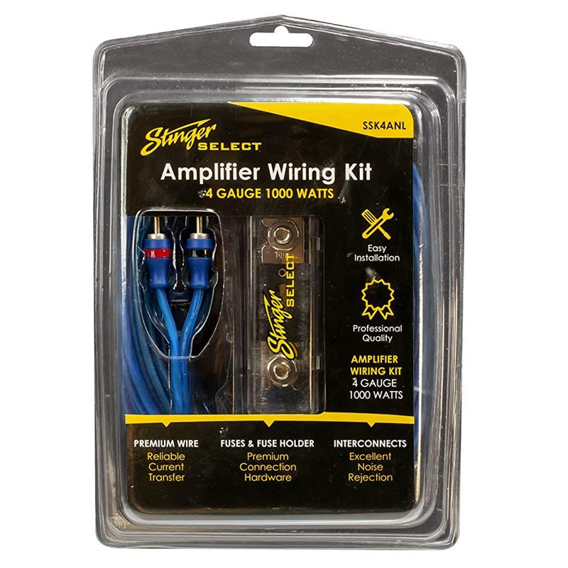 Kabelkit för förstärkare med tillbehör för installation.